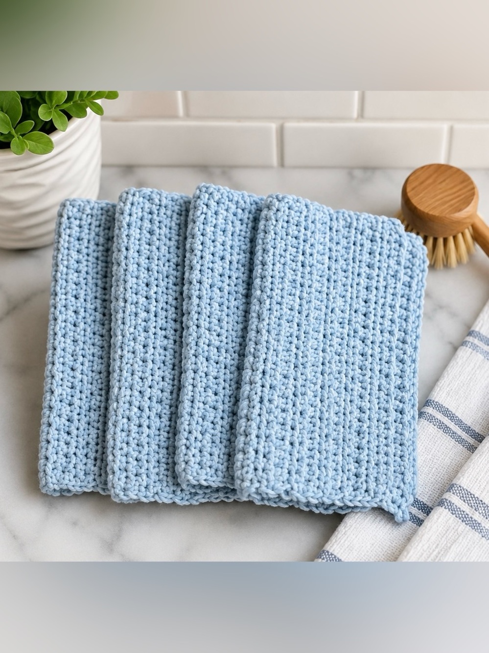 Handmade Crochet 100% cotton Dishcloths Set of 4 Light Blue Kitchen Washcloths
